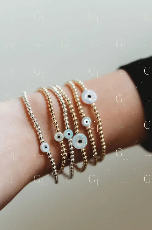 Opalite Evil Eye 14k Gold Fill and Sterling Silver Beaded Bracelet