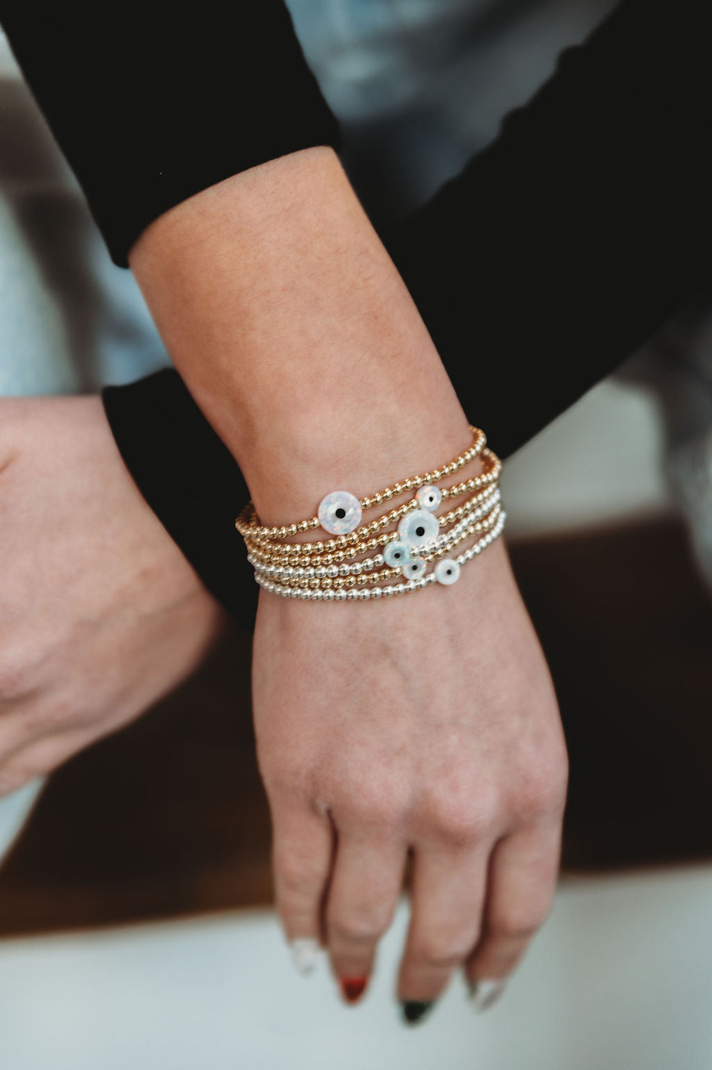 Opalite Evil Eye 14k Gold Fill and Sterling Silver Beaded Bracelet