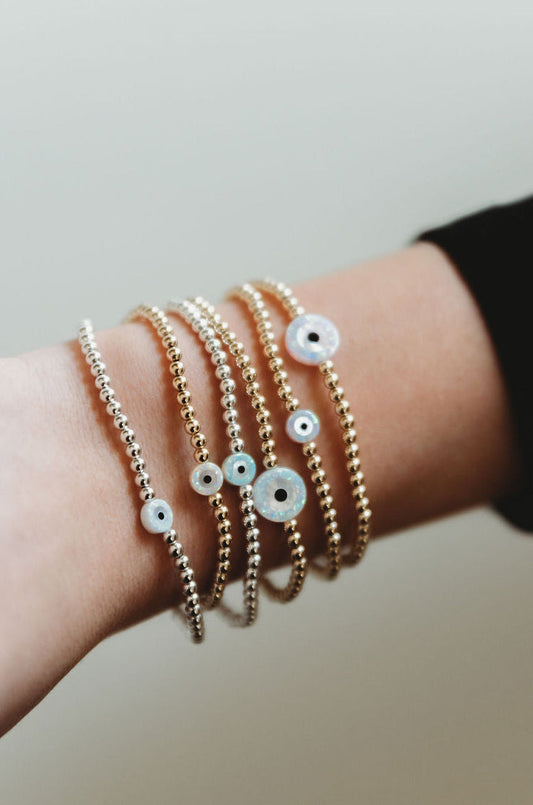 Opalite Evil Eye 14k Gold Fill and Sterling Silver Beaded Bracelet
